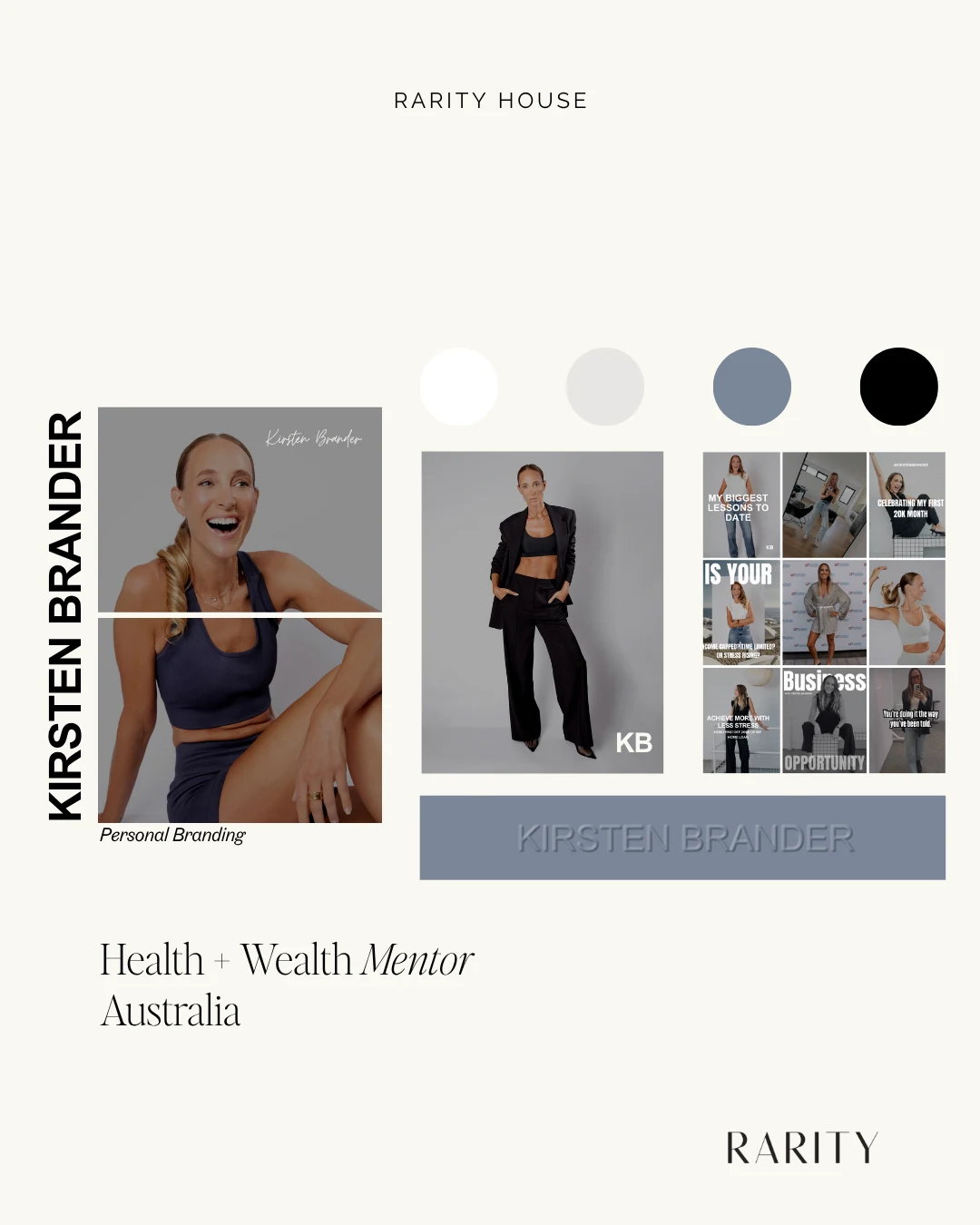 Kirsten Brander personal branding case study — portraits, colour palette, and content grid