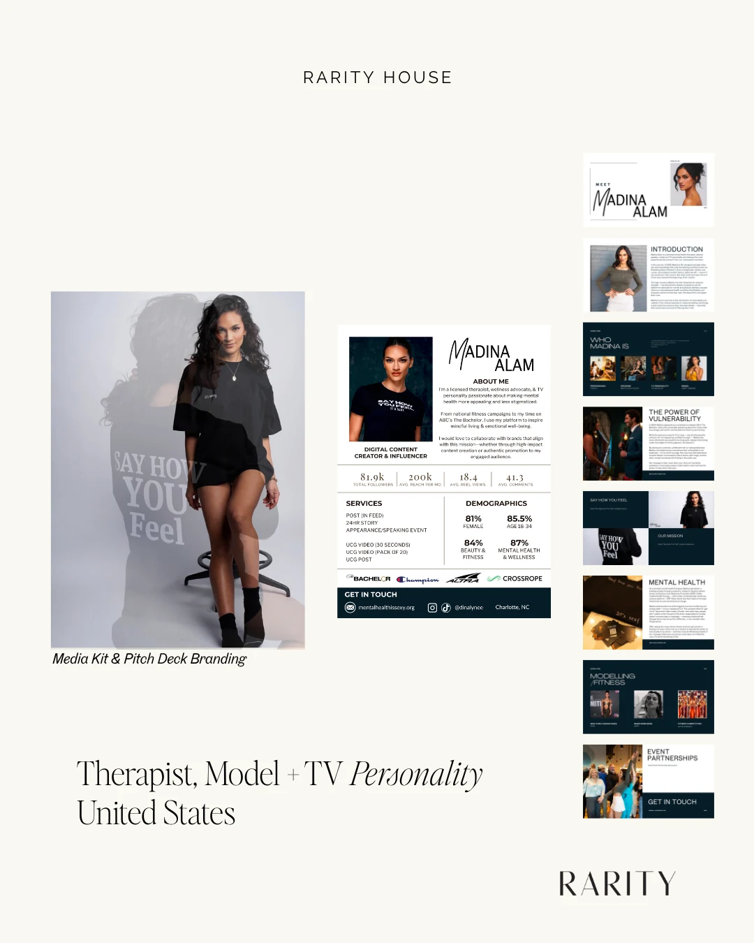 Madina Alam media kit and pitch deck case study — portrait, stats, and deck pages