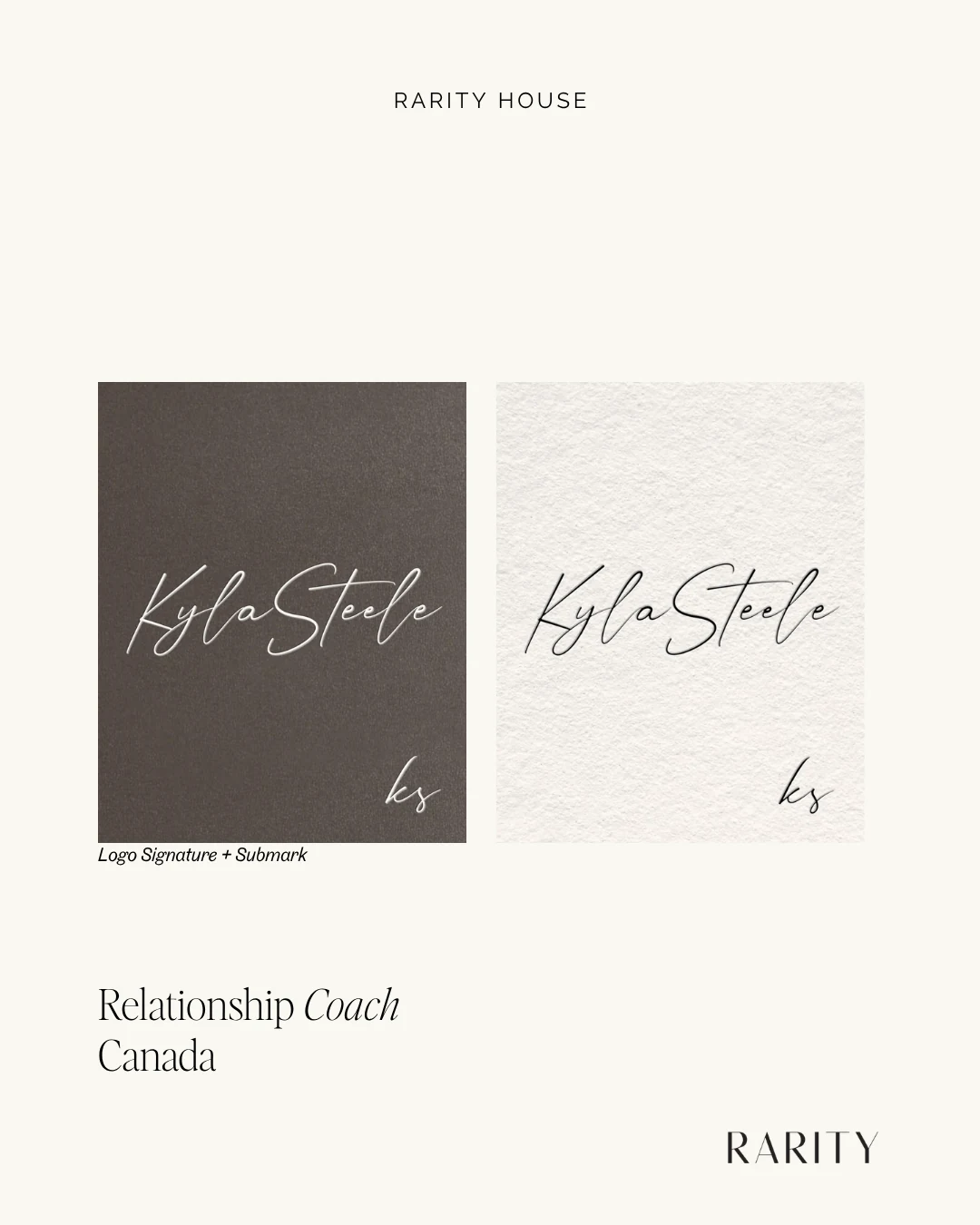 Kyla Steele logo signature and submark shown on dark and light textured paper
