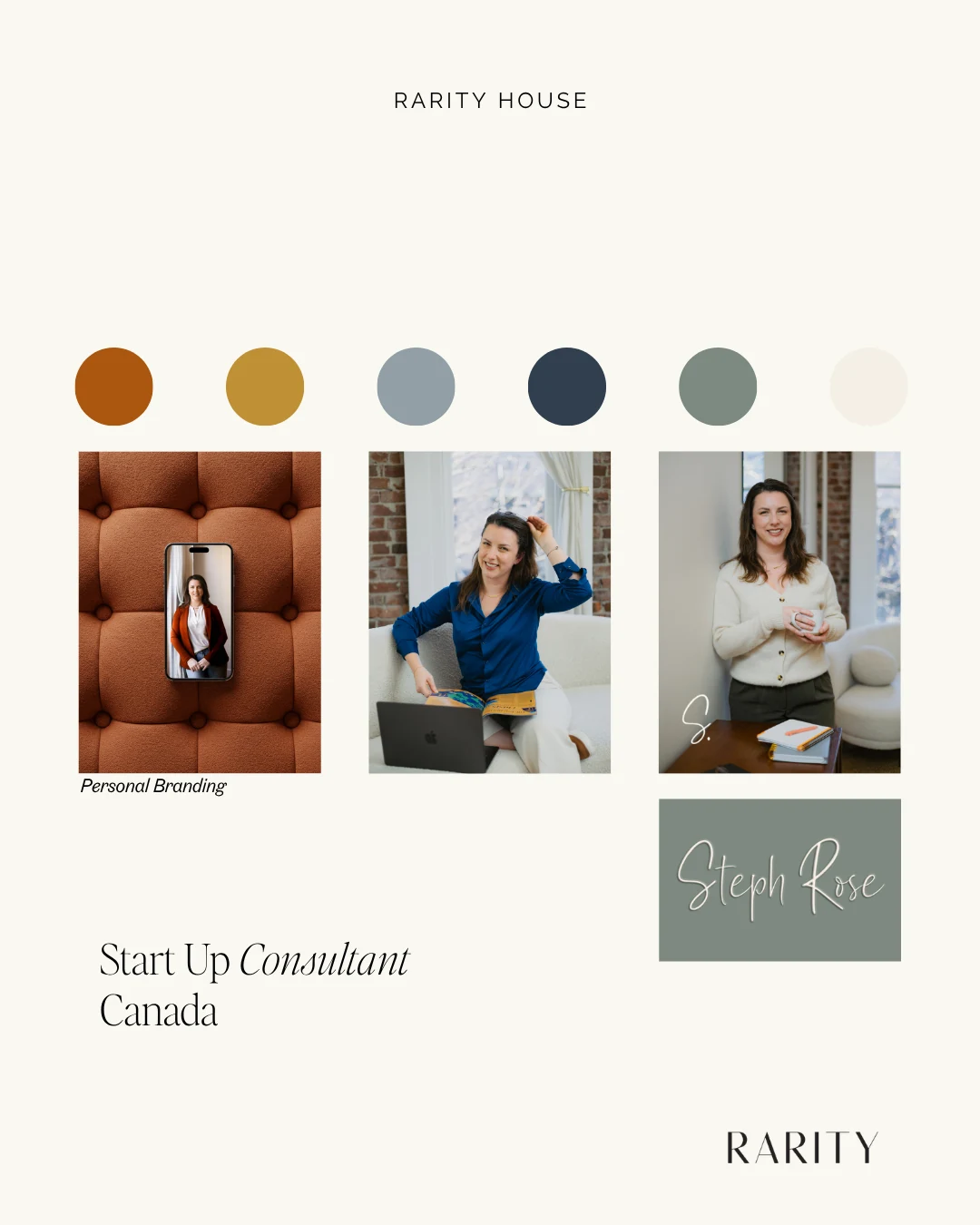 Steph Rose personal branding case study — palette, portraits, and handwritten wordmark